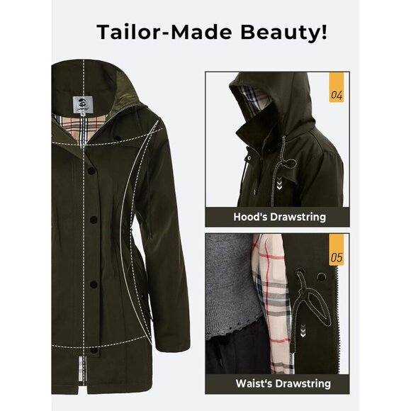 🆕Women's Army Green Waterproof Long Raincoat Windbreaker Jacket with Hood - Picture 6 of 7